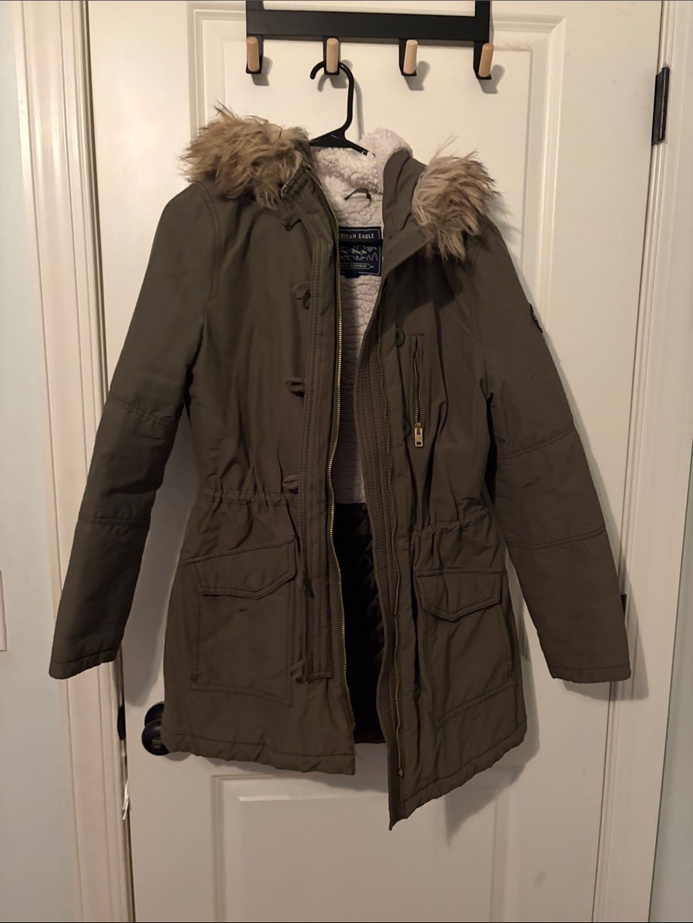 American Eagle Outfitters Olive Green Faux-Fur Hooded Utility Parka
